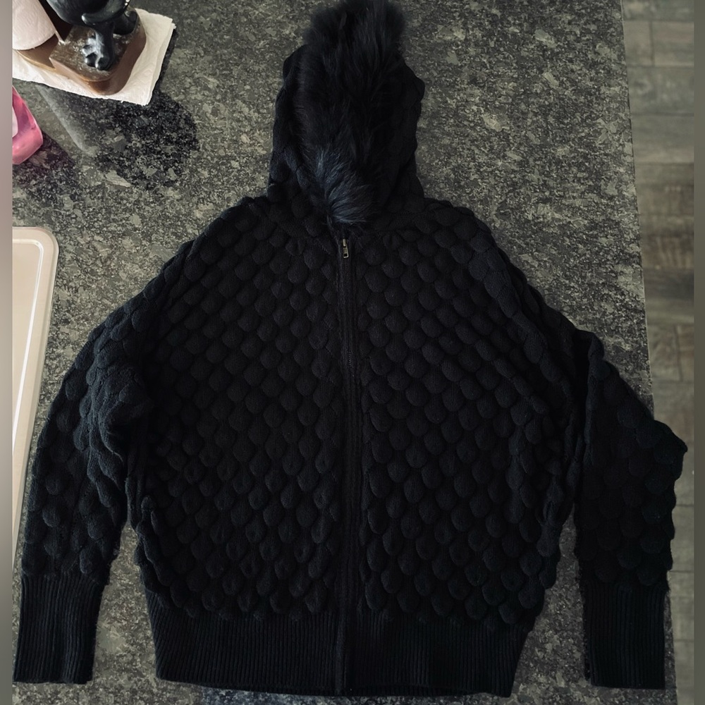Black Textured Zip-Up Sweater Hoodie with Faux Fur Lined Hood.